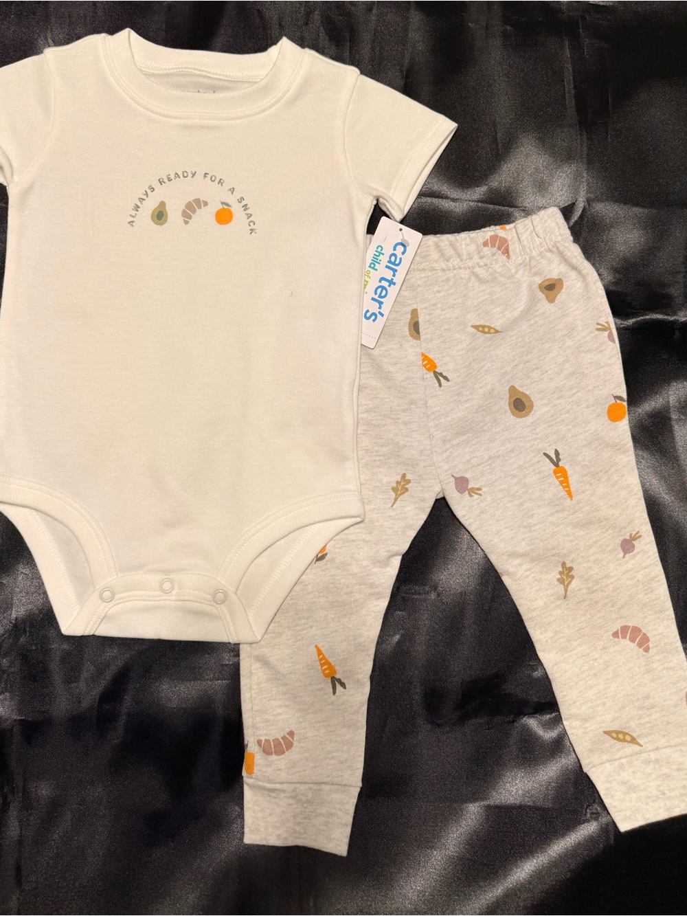 Carter's Baby Bodysuit & Pants Set - Cream Top with Gray Veggie Print Pants
